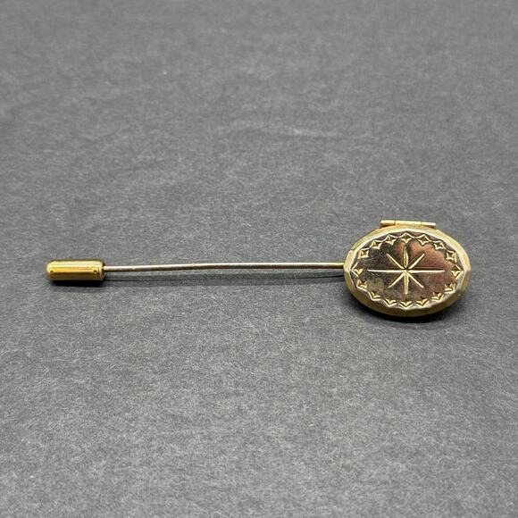 Unbranded Jewelry - Vintage Gold Tone Oval Locket Stick Pin Etched Starburst Celestial Lapel Hat Pin